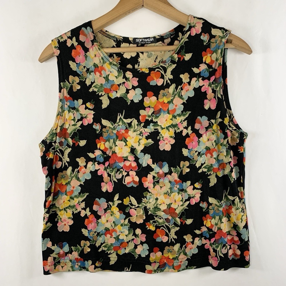 VTG 90s Womens Dark Floral Slinky Stretch Tank Top Size L Soft Grunge Indie USA